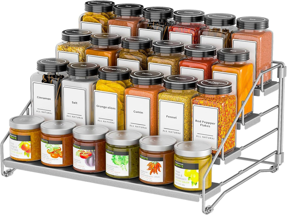 4 Tier Spice Rack for Cabinet, Spice Rack Organizer, Depth Adjustable Spice Organizer for Countertop, Cupboard, Pantry, Seasoning Shelf, Metal, Gray (1 Pack)