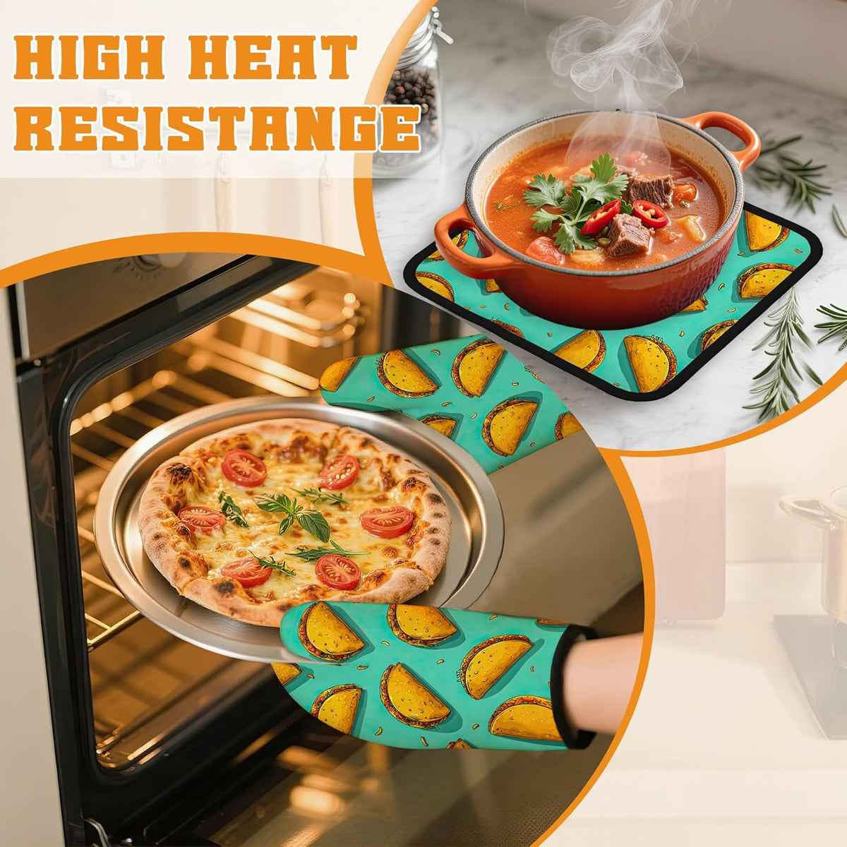 Mexican Taco Oven Mitts and Pot Holders Set,Kitchen Oven Gloves and Pot Holder with Heat Resistant Non Slip for Cooking Baking Grilling(4 Piece Set)