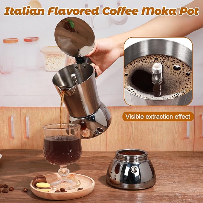 No Coating 4 Cup Thickened 304 Stainless Steel Moka Pot Stovetop Espresso Maker Italian Coffee Machine 200ml 6.8oz Suitable for Gas Induction Stovetop Greca Coffee Maker Percolator