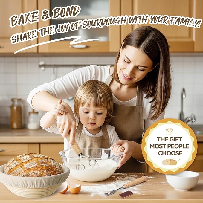 Bread Proofing Basket, Kikcoin Banneton Bread Proofing Basket Set of 2, 9 Inch & 10 Inch Round Sourdough Proofing Basket with Linen Liner, Bread Lame, Dough Whisk