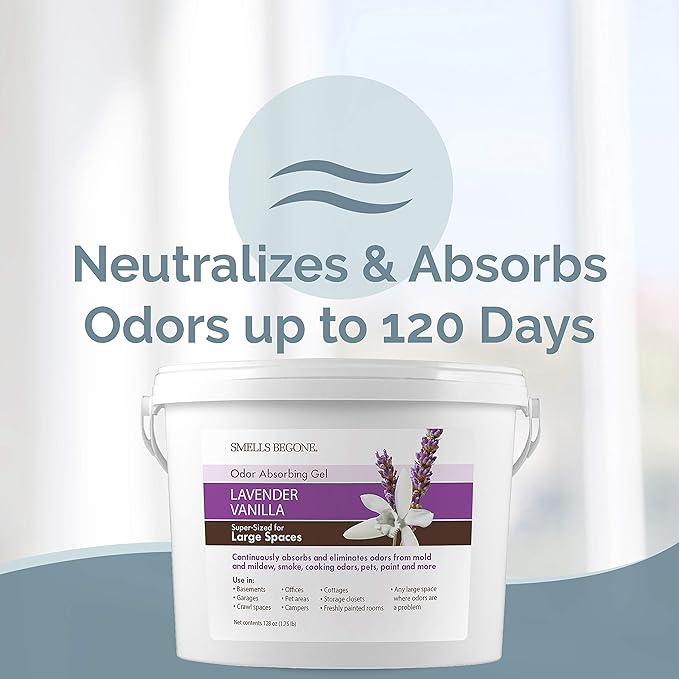 SMELLS BEGONE 1-Gallon Gel Odor Eliminator – High-Capacity, Long-Lasting Absorber for Large Basements, Garages, Workshops & Commercial Areas – Remove Tough Odors with Essential Oils (Lavender Vanilla)