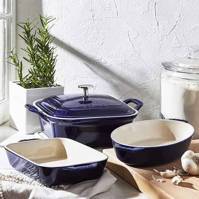 STAUB Ceramic 4-pc Baking Pans Set, Casserole Dish with Lid, Brownie Pan, Dark Blue
