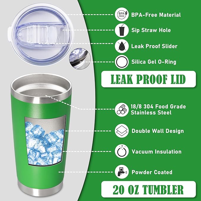 20 oz Tumbler Coffee Travel Tumblers Bulk with Lid Stainless Steel Double Wall Vacuum Insulated Mug Powder Coated Cups fit Car Cupholder for Hot and Cold - Green, 12Pack