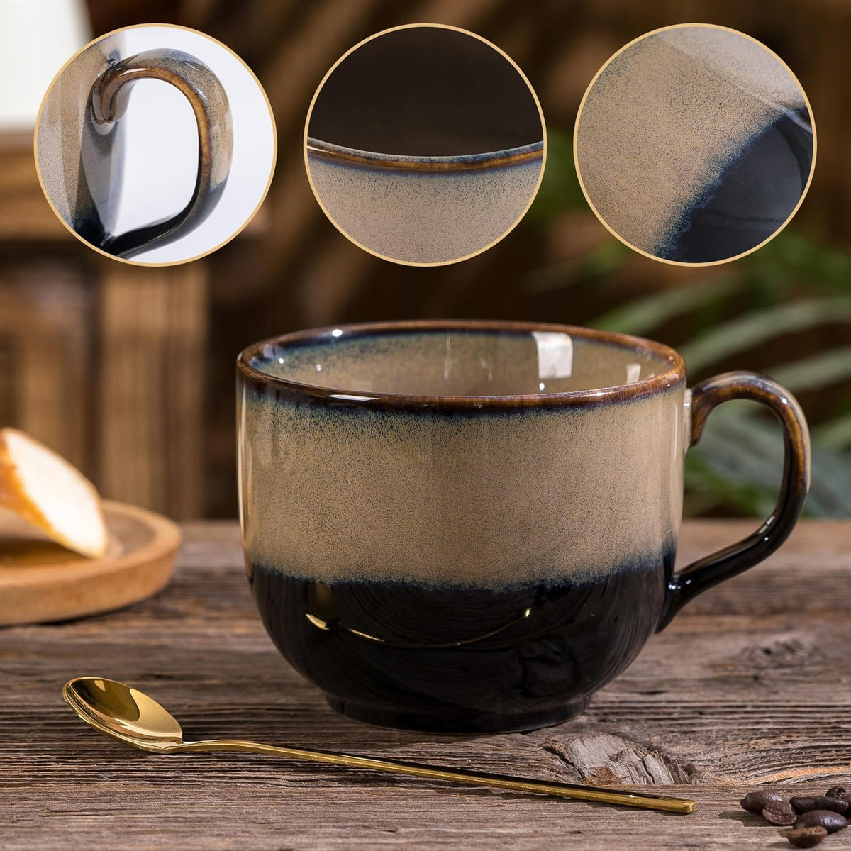 Ceramic Coffee Mug Set of 4 with Spoon, 15 oz Large Cups With Big Handle for Coffee Tea, Microwave Dishwasher Safe, Unique Gift for Men Women, Housewarming Wedding Gift(Brown)