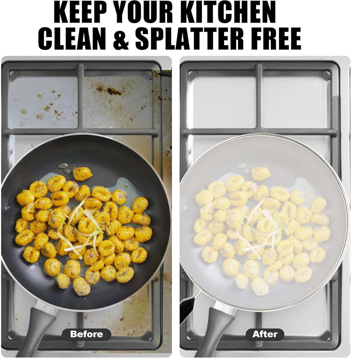 Splatter Screen for Frying Pan, Grease Splatter Guard, Stainless Steel Splatter Guards for Frying with Long Handle, Kitchen Oil Splash Guard Cooking Shield, Fine Mesh Strainer (Black, 13 inch)