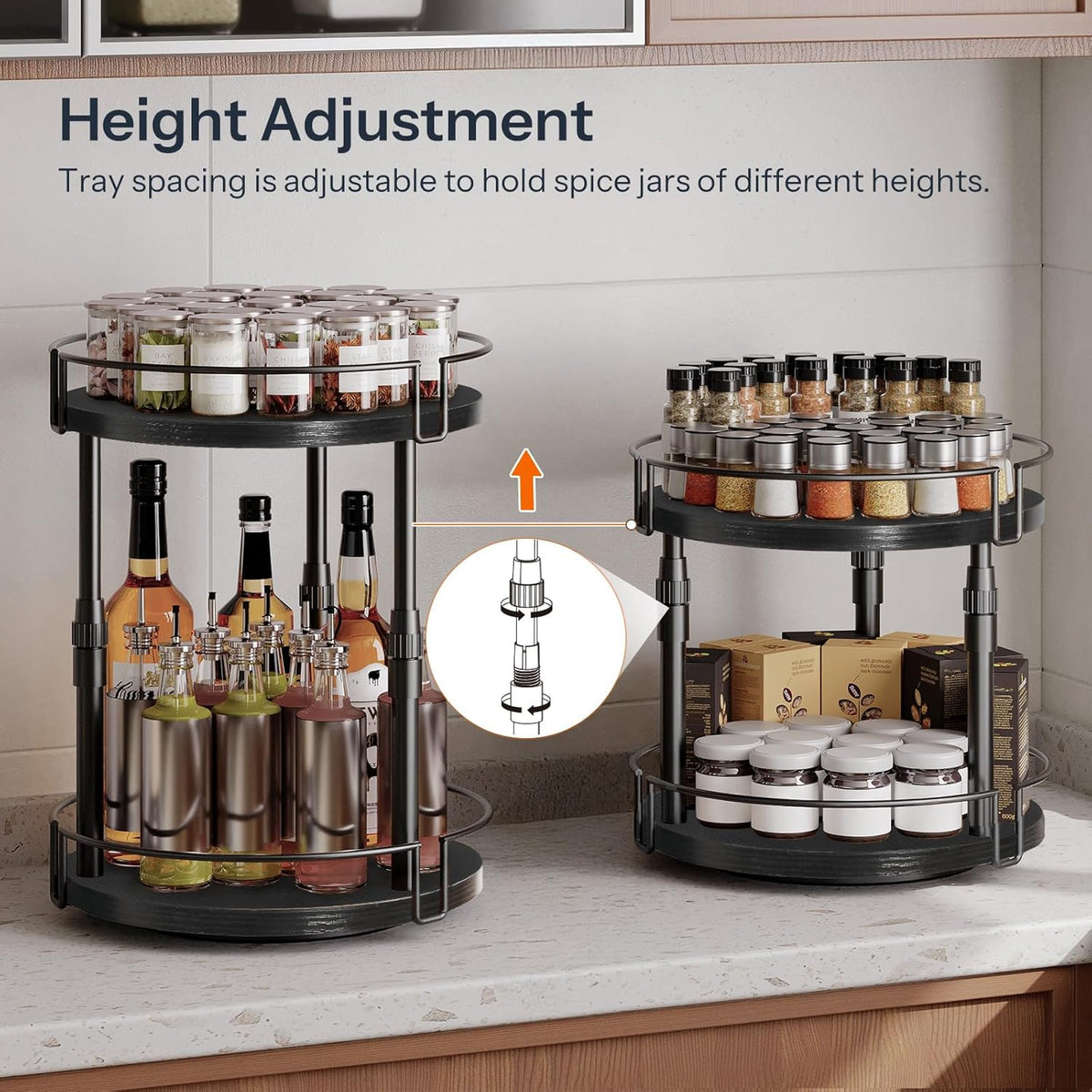 HOOBRO Lazy Susan Organizer Spice Rack, 2-Tier Height Adjustable Rotating Lazy Turntable Spice Organizer, for Kitchen Countertop and Cabinet, Black BB05TL01