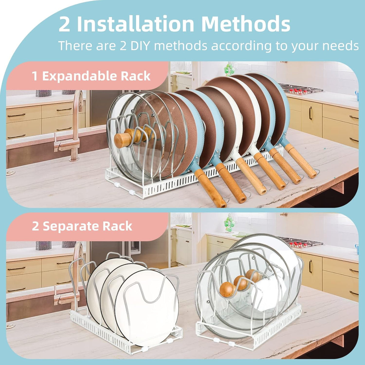 Expandable Pot & Pan Organizer - Cabinet Cookware Rack with 10 Adjustable Compartments & Pot Lid Holder