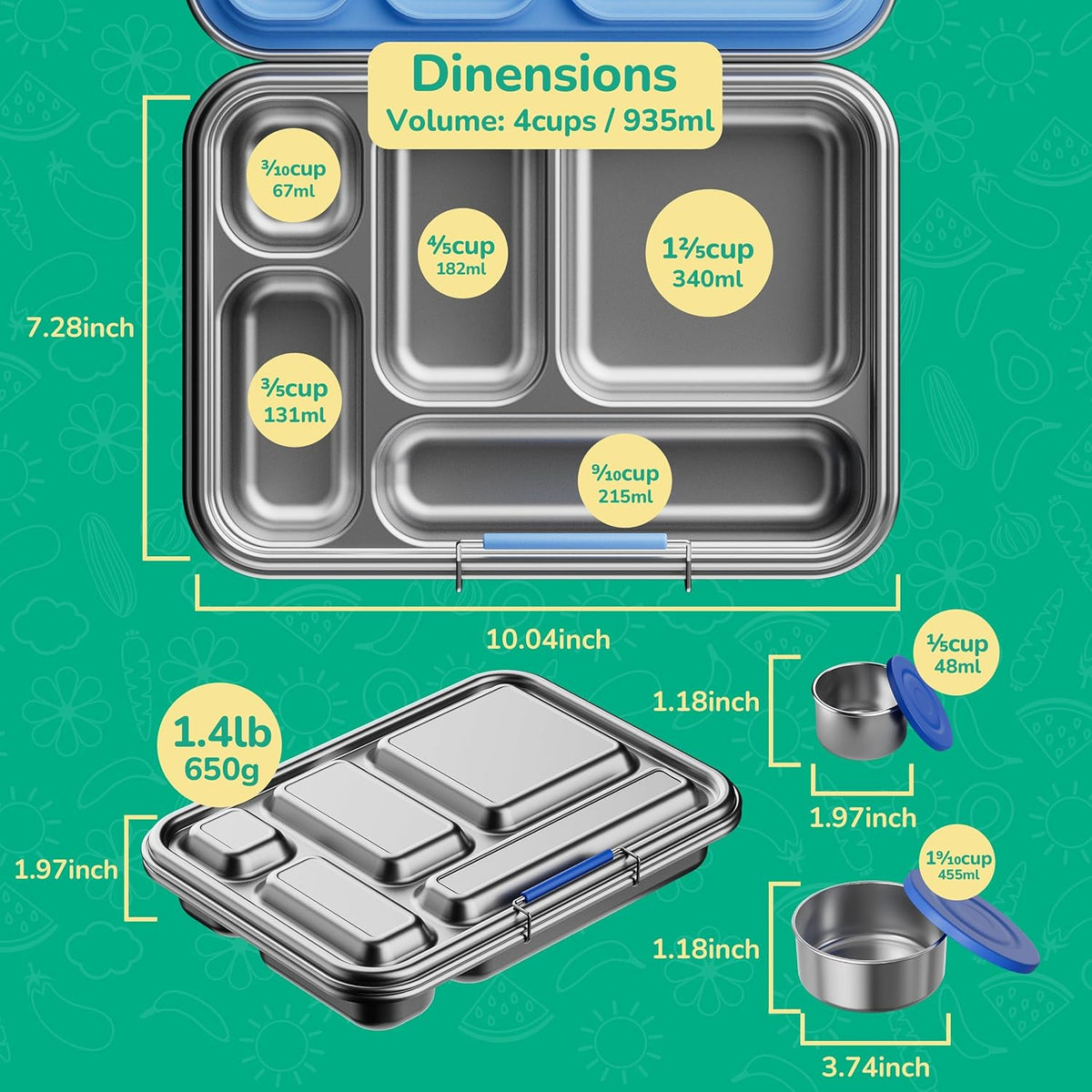 Stainless Steel Bento Box Kids, Kids Metal Bento Lunch Box BPA Free Lunch Box Containers 304 Stainless Steel Bento Box for School and Office(Pink)