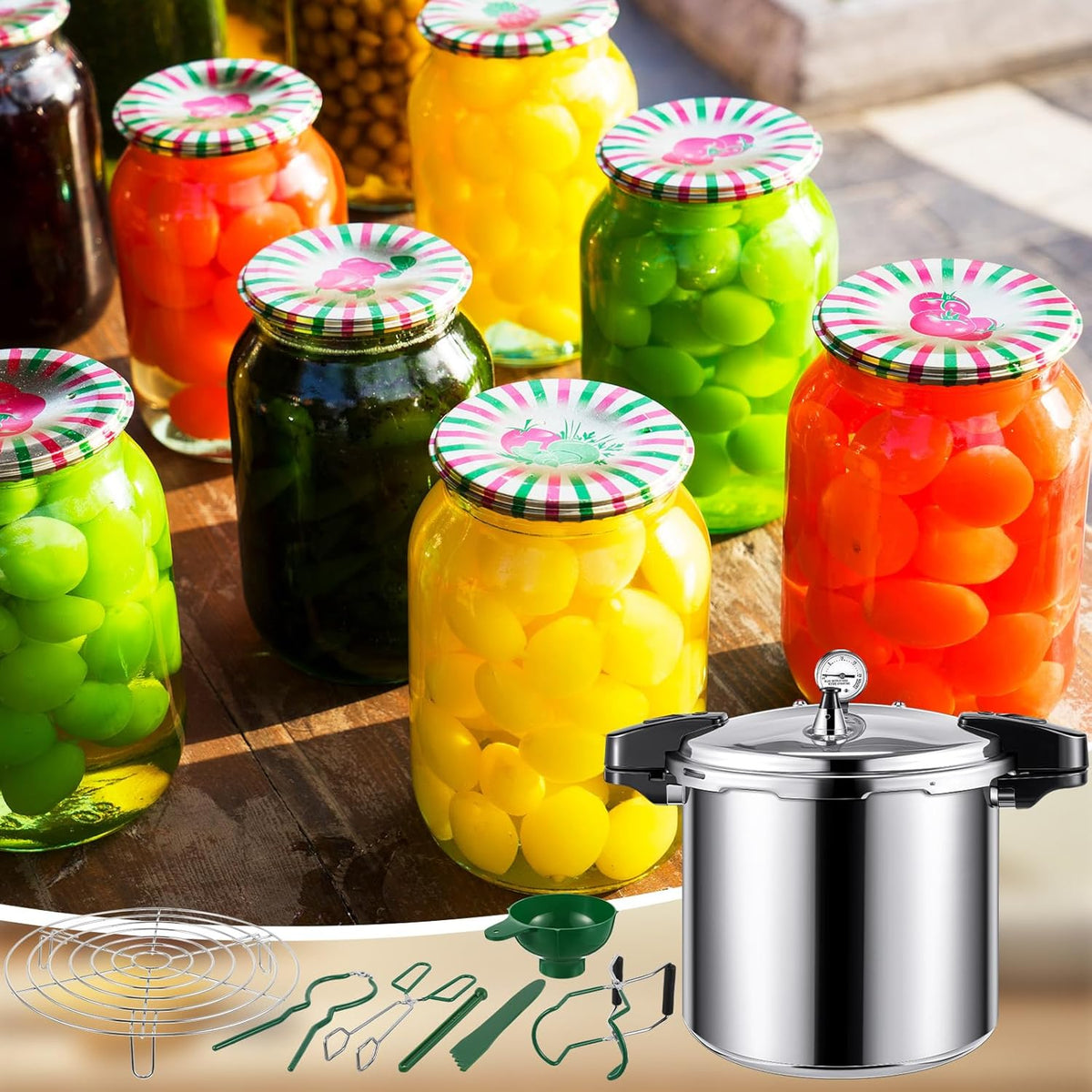 24qt Pressure Cooker with 6 Mason Jars, 6 Canning Supplies with Pressure Panner Stainless Steel Steam Rack Gauge for Canning, Silver