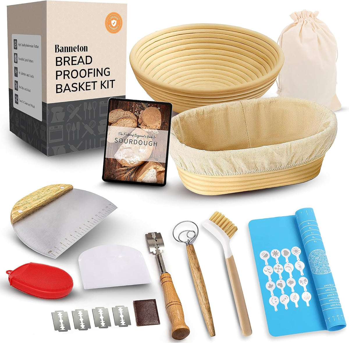 Trailblaze Banneton Bread Proofing Basket Set – Complete Sourdough Bread Baking Supplies – Sourdough Starter Kit – Sourdough Proofing Basket Gift for Bakers - Bread Baskets (9" Round & 10" Oval)