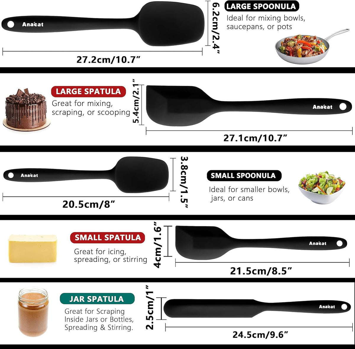 Anaeat Silicone Spatula Set of 5 - Seamless One-Pieces Design, Non-Stick Rubber Spatulas Kitchen Scraper Flexible for Easy Baking, Cooking, Scraping & Mixing, Heat Resistant & Dishwasher Safe