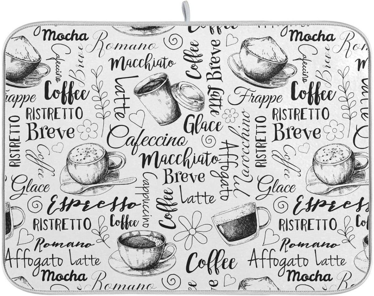 Coffee Cups Print Dish Drying Mat for Kitchen Counter Absorbent Microfiber Drying Pad, Medium 16x18 in, Reversible Drainer Mats