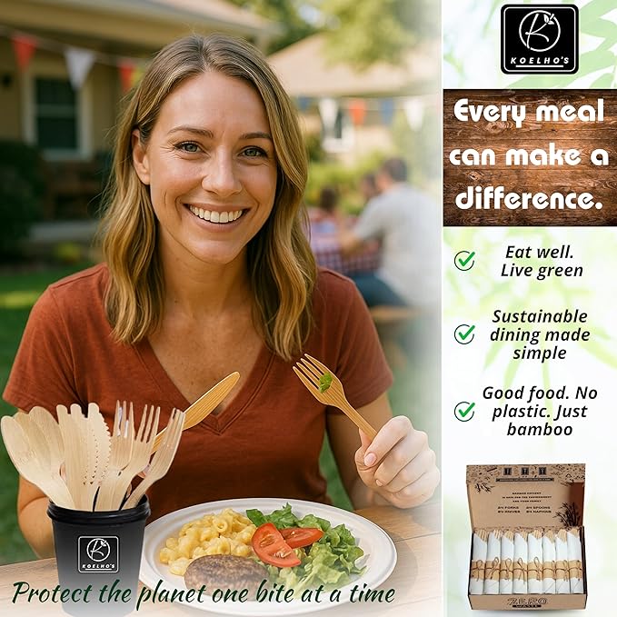 KOELHO'S Pre-Rolled Bamboo Cutlery Set 24-Pack 96 PCS | Bamboo Disposable Utensils 100% Biodegradable and Eco-Friendly | Wooden Utensils Disposable for Parties, Weddings, and Events