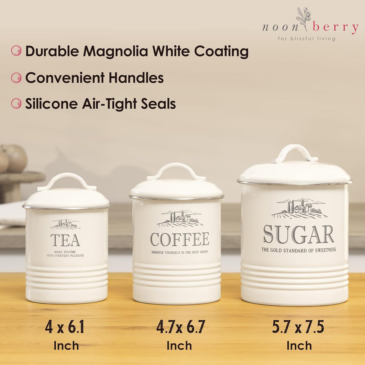 Kitchen Canisters for Countertop - Set of 3 - Airtight Coffee Tea Sugar Container Set - Country Rustic Farmhouse Canisters Sets for the Kitchen