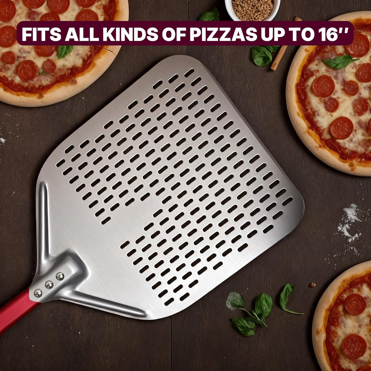 crosson 14”×18“ Perforated Pizza Peel, Pizza Spatula Paddle, Lightweight Pizza Turning Peel with 16“ Long Handle, Pizza Oven Accessories, Pizza Tools, Rectangle Pizza Turner