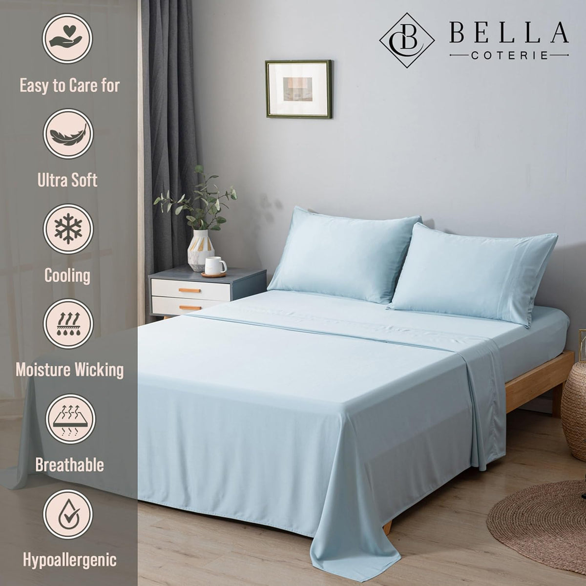 Bella Coterie Luxury Bamboo Viscose Twin Size Sheet Set | 100% Organically Grown | Ultra Soft | Cooling for Hot Sleepers | 18" Deep Pocket [Coastal Blue]
