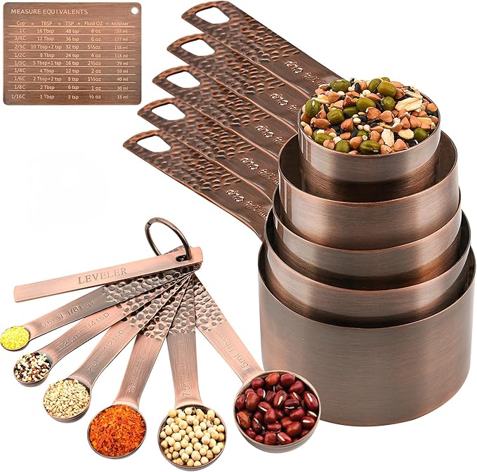 Copper Measuring Cups and Spoons Set 13, Stainless Steel Measuring Cups and Spoons Set for Baking and Kitchen, Metal Metric & US Measuring Set