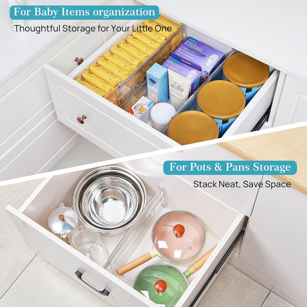 Vtopmart 8 Pack 6" Tall Upgrade Drawer Dividers for Big and Deep Drawer, 12.8"-22.3" Adjustable Expandable Dresser Drawer Organizer, Clear Plastic Separators for Dresser, Baby Supplies, Kitchenware