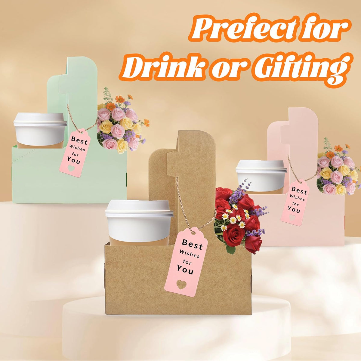 2 Cup Drink Carrier,16 Pack Coffee Cup Holders with Handle,Cardboard Cup Holders for Hot or Cold Drinks,Coffee Carrier with Ribbon and Card,Food Delivery Services and Bouquet(Pink)