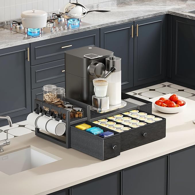 Homeiju Coffee Pod Drawers - K Cup Organizer, Nespresso Pods Holder with Mug Rack, Coffee Holder for Countertop, 52 Capacity Pods, Suitable for Kitchens, Offices and Coffee Bars(Black)