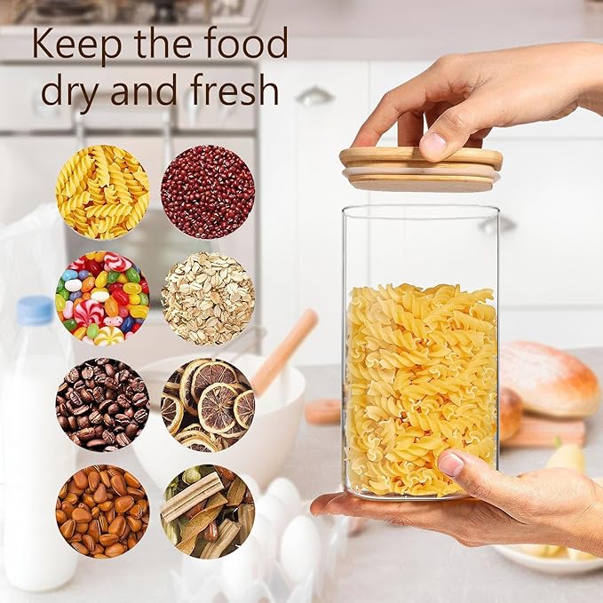 1.6 Qt Square Glass Storage Containers with Lids, Clear Food Storage Container Jar with Sealing Bamboo Lid for Noodles Flour Cereal Rice Sugar Tea Coffee Beans,Square Set of 3
