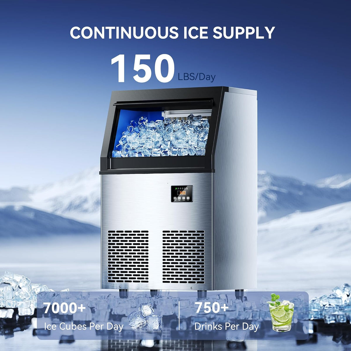 150 lbs/24H Commercial Ice Maker Machine,45 Cubes/6mins, 35 lbs Ice Storage Capacity, Under Counter Ice Maker Self Cleaning, Stainless Steel Freestanding Ice Maker for Home Bar Restaurant