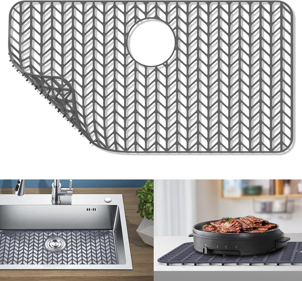 GUUKIN Sink Protectors for Kitchen Sink - 28.4"x 15.2" Silicone Kitchen Sink Mat Grid for Bottom of Farmhouse Stainless Steel Porcelain Sink with Rear Drain（Grey）, 2815B