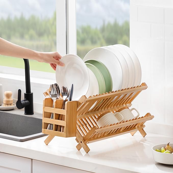 Bamboo Dish Drying Rack with Utensil Holder, 2 Tier Collapsible Dish Rack for Kitchen Counter, Large Folding Drying Holder, Dish Drainer, Kitchen Organizers and Storage