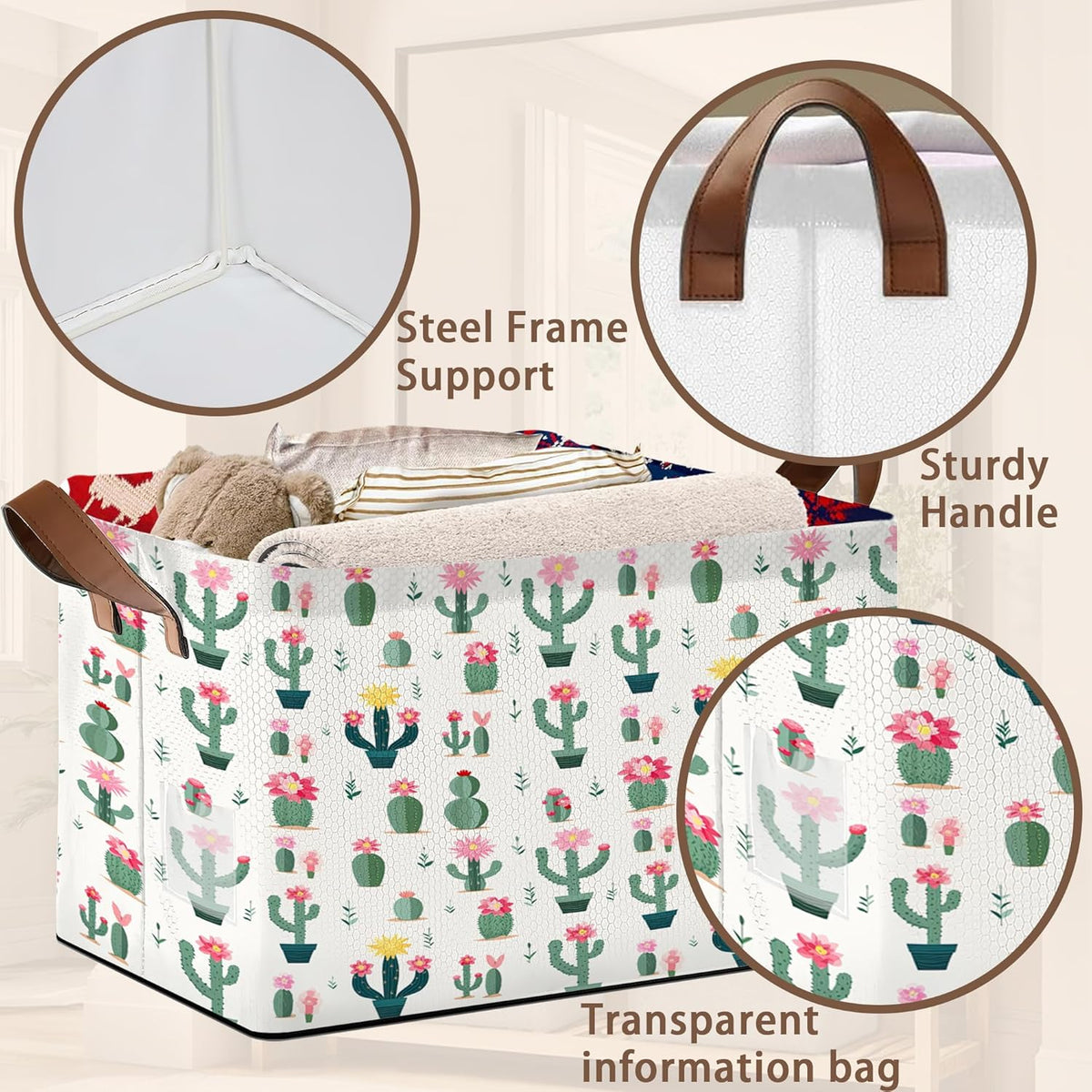 Desert Bloom Storage Basket Large 17x11.5x10.5 Inche-Collapsible Fabric Organizer Bin with Handles for Southwest Decor, Nursery, Boho Style-Decorative Hamper with Succulent & Flower-Single Pack