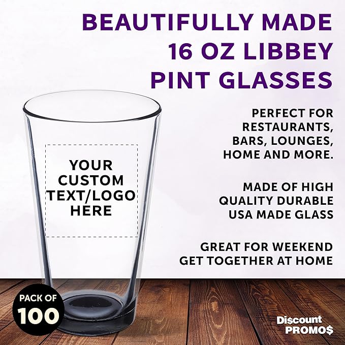 Custom Libbey Pint Glass 16 oz. Set of 100, Personalized Bulk Pack - Beer Glasses, Heavy Duty Drinkware - Black