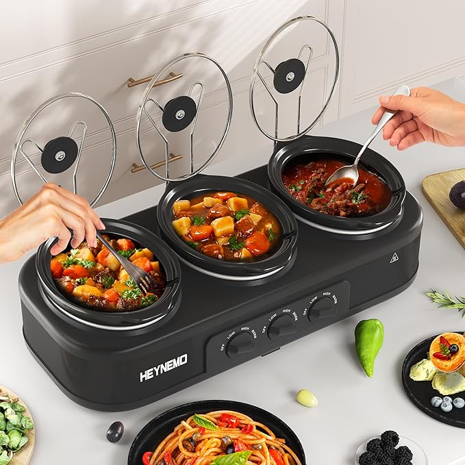 Triple Slow Cooker, 3×1.5 QT Buffet Servers and Warmers, 3 Pots Buffet Slow Cooker Adjustable Temp Lid Rests Stainless Steel Black