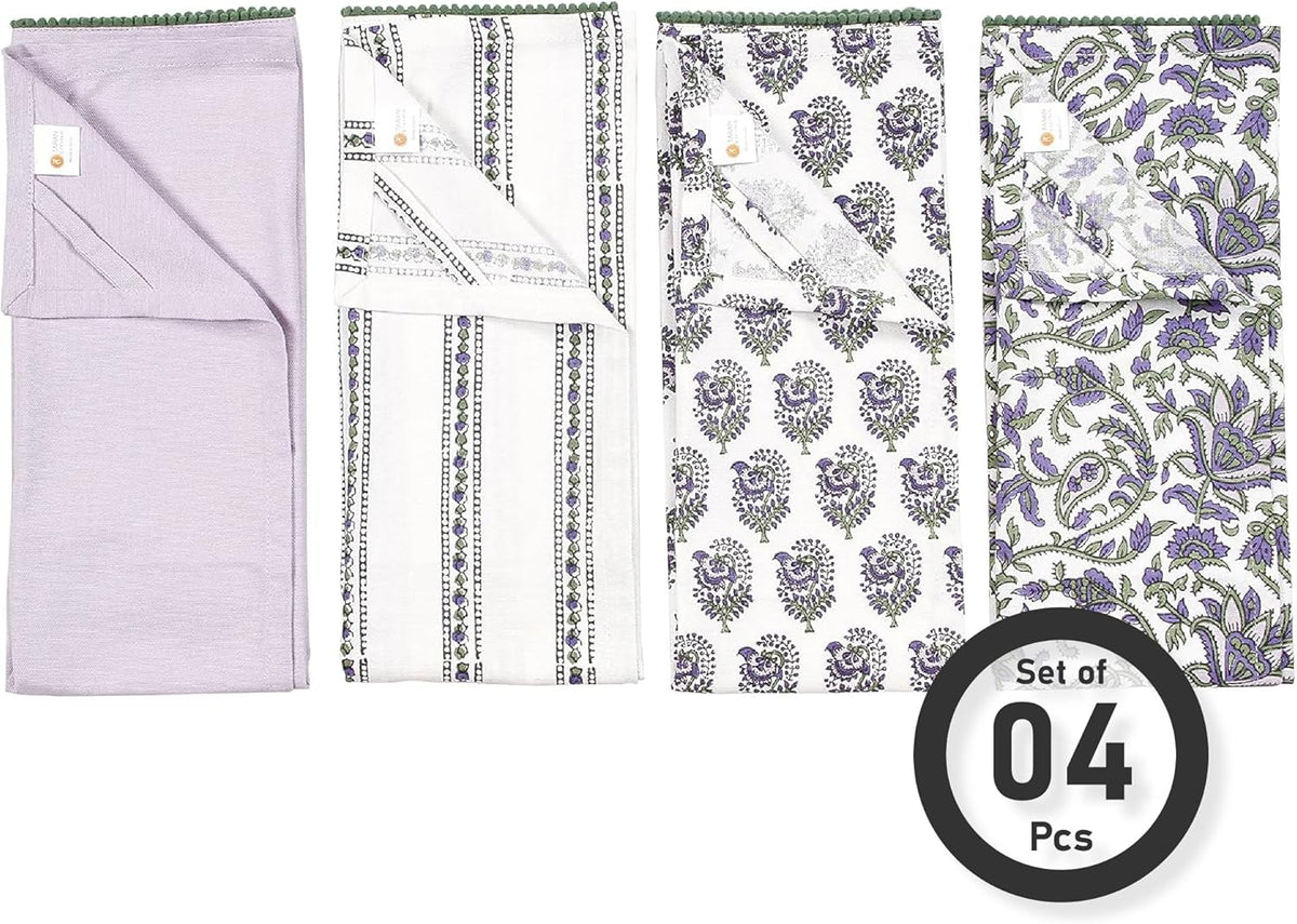 Printed Kitchen Dish Bar and Tea Towels Cotton, 18x28 inch with Trims, Cotton Dish Towel Sets (White & Purple, Set of 4)