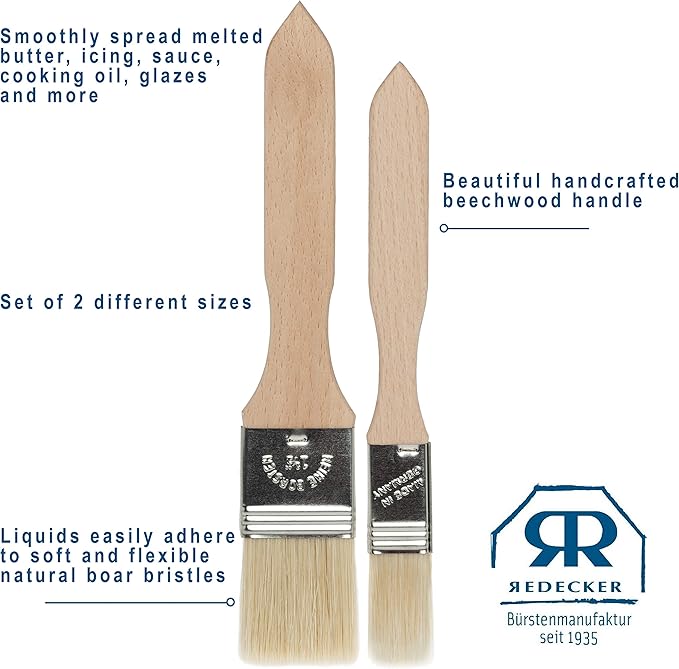 REDECKER Pastry Brushes Set with Untreated Beechwood Handles - 2 Different Sizes - Multi-purpose Brushes - Natural Bristle Basting Brush for Glazing and More - Wood Pastry Brush German Designed