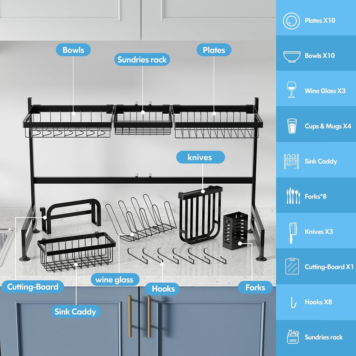2 Tier Extra Large Stainless Steel Expandable Over The Sink Dish Drainer Drying Rack, Rust Proof Metal, Space Saving, Modern Black Big Capacity Extendable Plate Strainers Above Kitchen Counter