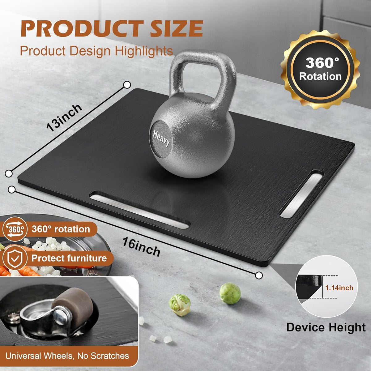 Joy&Grace Appliance Slider for Kitchen Appliances 360° Rolling Sliding Tray for Coffee Maker Countertop, Bamboo Coffee Pot Slider Rolling Tray with Universal Rollers (Black, Large 16"x13")