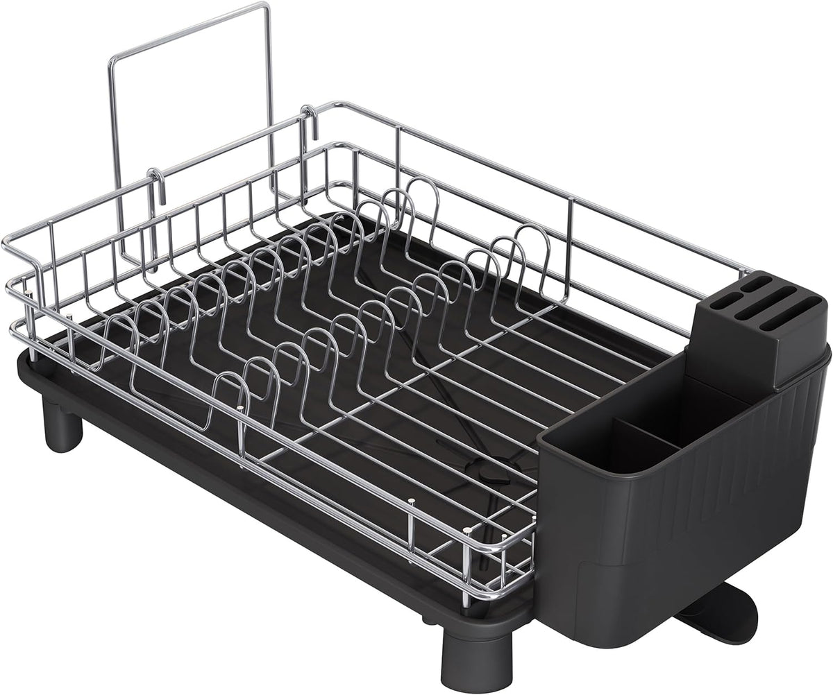 BOOSINY Stainless Steel Dish Drainers Drying Rack for Kitchen Counter with Automatic Drainage, 1 Tier Rust Proof Metal, Space Saving, Modern Aesthetic, Compact Plates Strainers,Gray