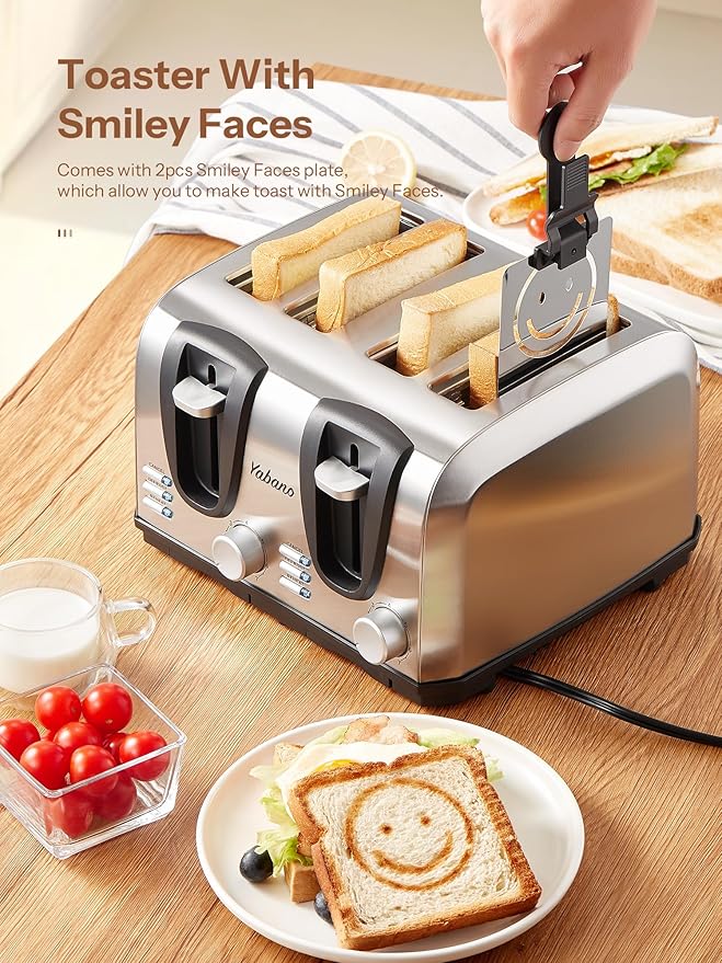 Yabano 4 Slice Toaster, Toaster with Extra Wide Slot and 7-Shade Settings, Defrost and Reheat Function, Make Toast with Smiley Faces, Stainless Steel
