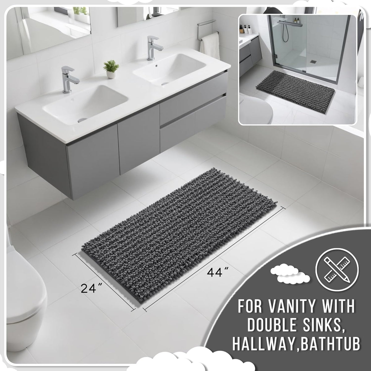 Yimobra Long Bathroom Rugs Non Slip Washable 44x24 Inch - Ultra Soft Absorbent Chenille Bath Mat, Quick Dry Shaggy Floor Carpet for Tub Shower, Dark Gray Home Decor Accessories