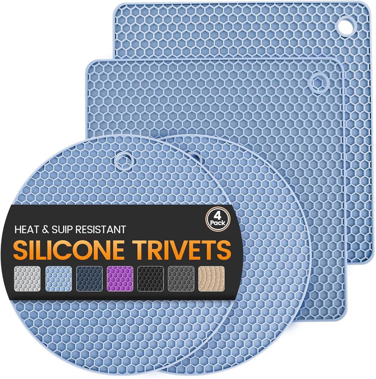 Silicone Trivet Mats 4 Heat Resistant Pot Holders Multipurpose Non-Slip Hot Pads for Kitchen Potholders, Drying mat, Jar Opener, Spoon Holder, Coaster(Nordic Blue)