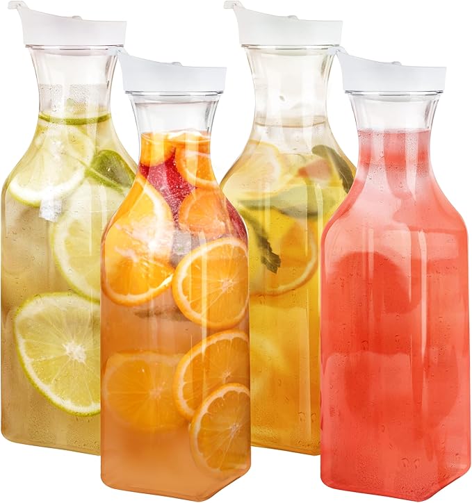 GUSTO [50 oz - 4 Pack] Plastic Carafe with Lid, Large Capacity Square Base - Clear Pitcher with Flip Top Lid, Easy-Pour Spout Juice Containers with Lids, Hand Wash Only - Perfect for Mimosa Bar