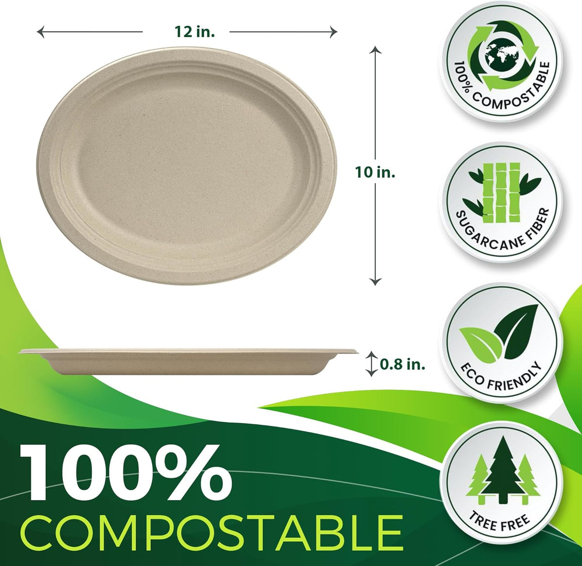 100PCS 100% Compostable Original Oval Paper Plates(12in), Heavy Duty Disposable Plates, Eco-Friendly Dinner Plates, Biodegradable Salad, Meal, Dessert Plates, Perfect for Parties, Picnic, BBQ