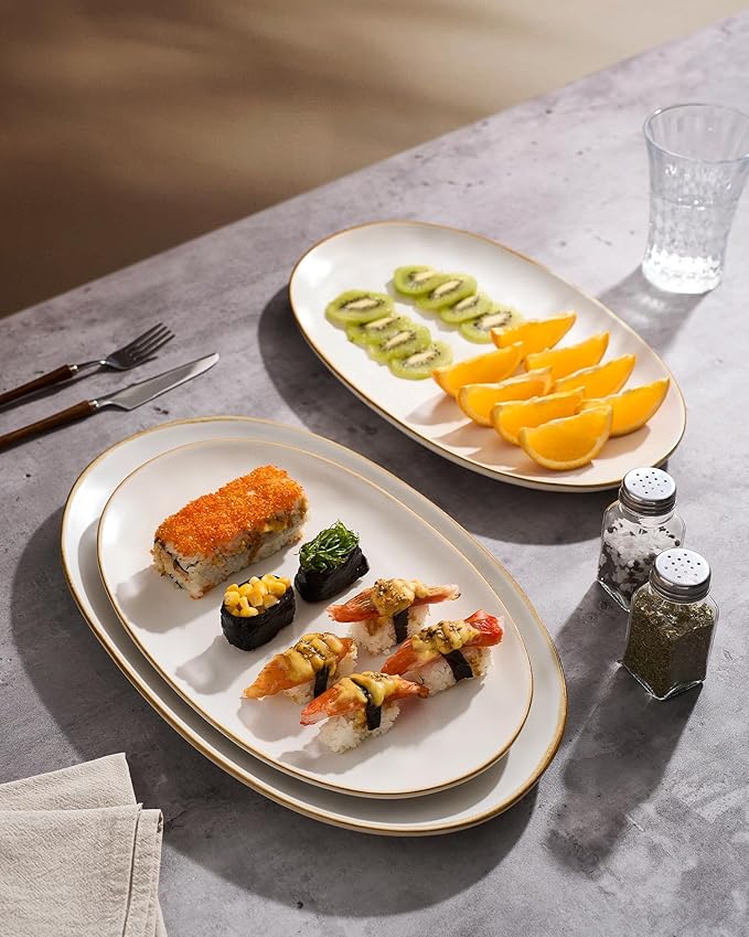 famiware Serving Platter, Oval 15.59/14.3/12.9inch Serving Dishes for Entertaining, Serving Bowls, Dishwasher Safe, Stoneware Serving Trays for Party, Food, Turkey, Cheese, Reactive Glaze, Matte White