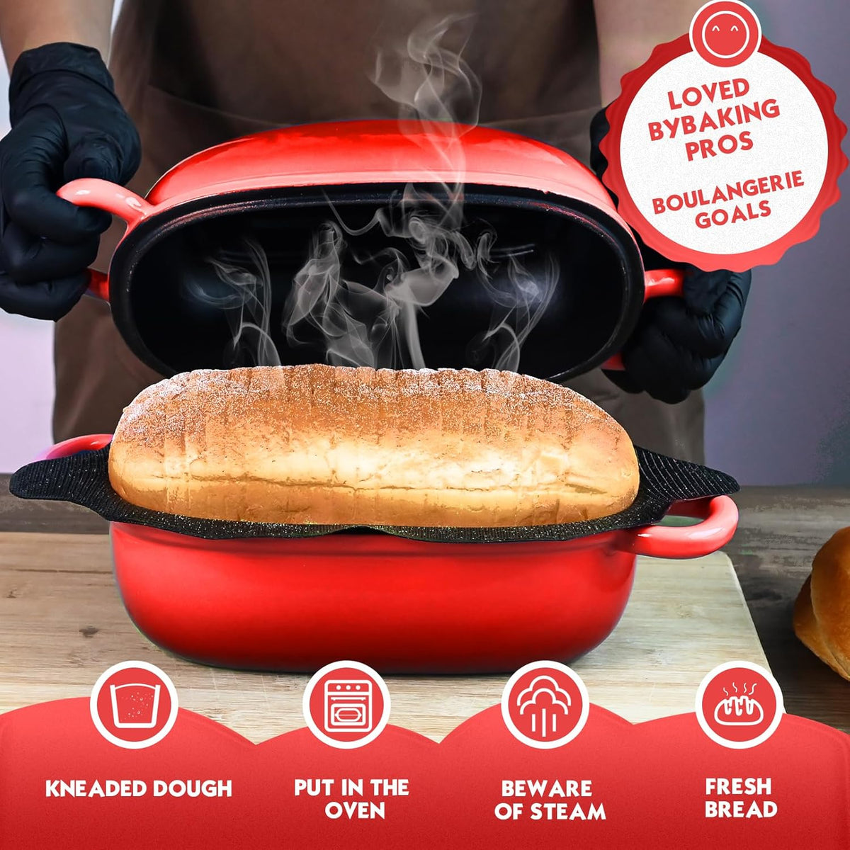 Dutch Oven for Bread Baking - 2.5QT Bread Pans for Homemade Bread with Perforated Non-Stick Silicone Liner Cast Iron Bread Pan Dutch Oven Loaf Pan with Lid and Loop Handle for Homemade Breadmaking,Red