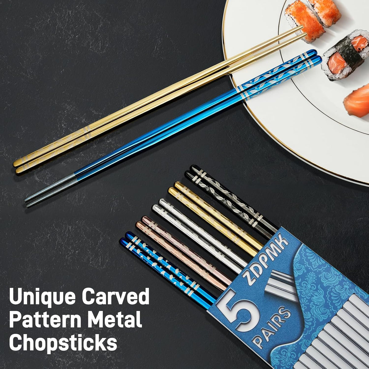 Metal Chopsticks Reusable 5 Pairs Stainless Steel Chopsticks Japanese Chinese Korean Metal Chop Sticks Dishwasher Safe Non Slip Cute Laser Engraved 9.25 Inch for Cooking Eating Gift Set
