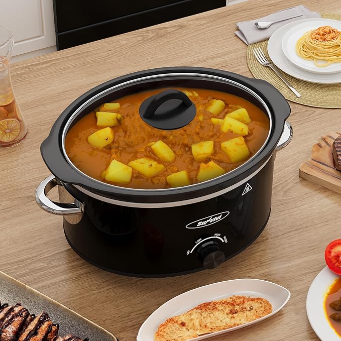 4QT Slow Cooker & Mini Food Warmer with Removable Ceramic Pot, 3 Heating Settings, Dishwasher Safe Glass Lid, Stainless Steel,Black