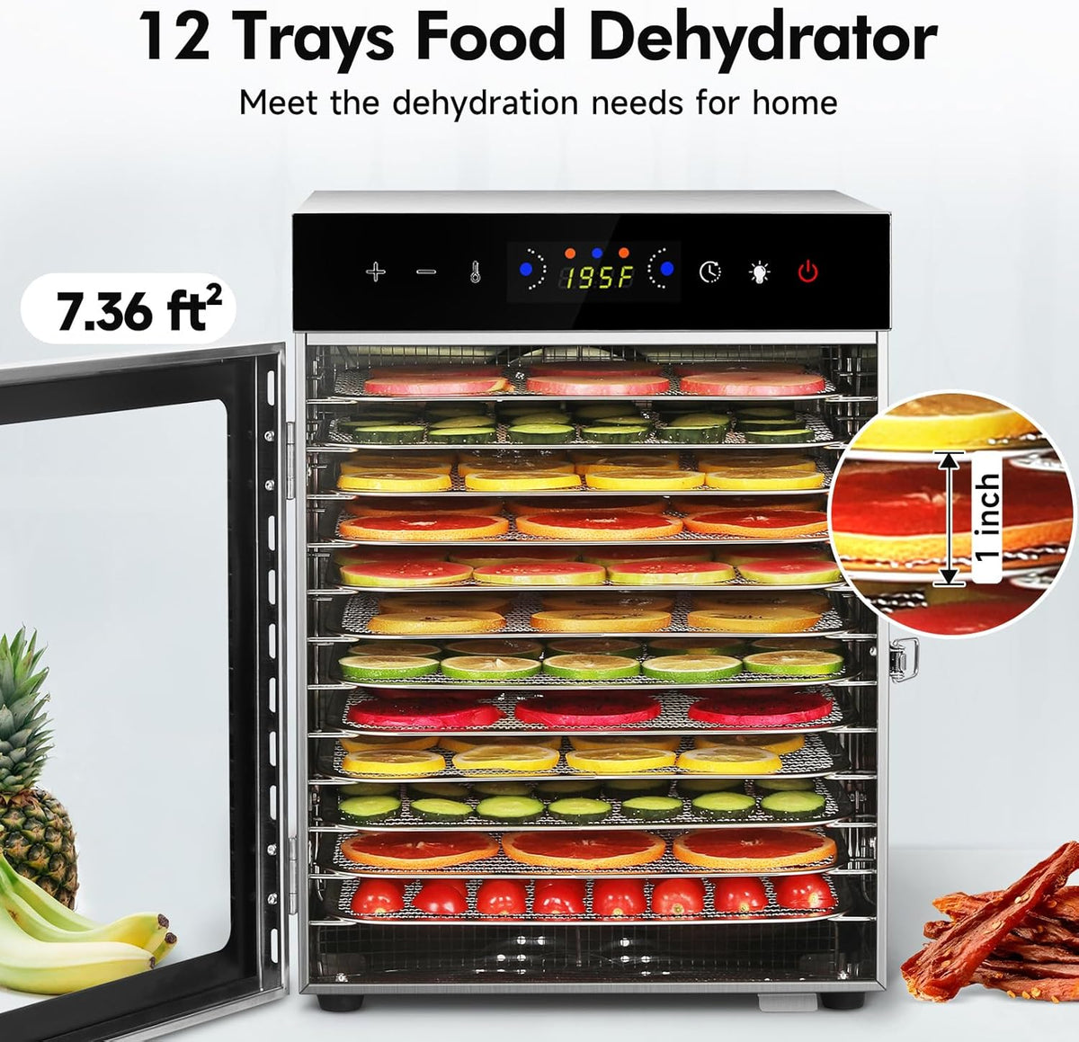SUCICENI Food Dehydrator Machine 12 Stainless Steel Trays 1000W Meat Dehydrator for Home Use, 24H Timer & 195℉ Temperature Control Food Dryer for Jerky Fruit Herbs Mushroom Dog Treats