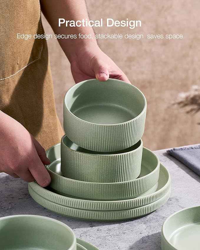 Famiware Star Dinnerware Set, Plates and Bowls Sets for 4 (12pcs), Ribbed Stoneware Dishes - Chip & Scratch Resistant, Microwave & Dishwasher Safe, Matte Sage Green