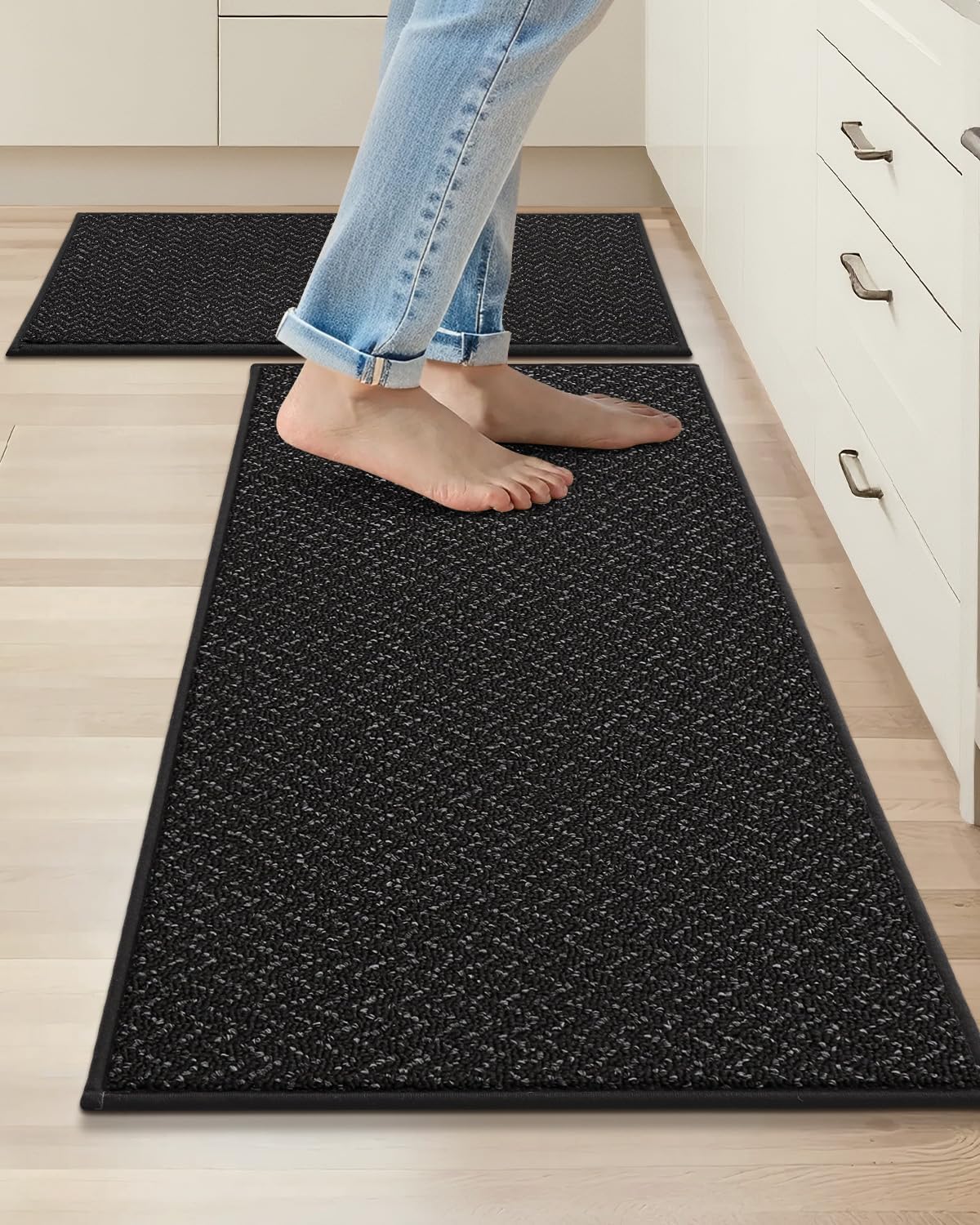 COSY HOMEER Kitchen Rugs and Mats 2PCS Non Slip Kitchen Mats for Floor Washable Stain Resistant Kitchen Runner Rug Sets Absorbent Kitchen Floor Mat 20"x32"+20"x48",Black