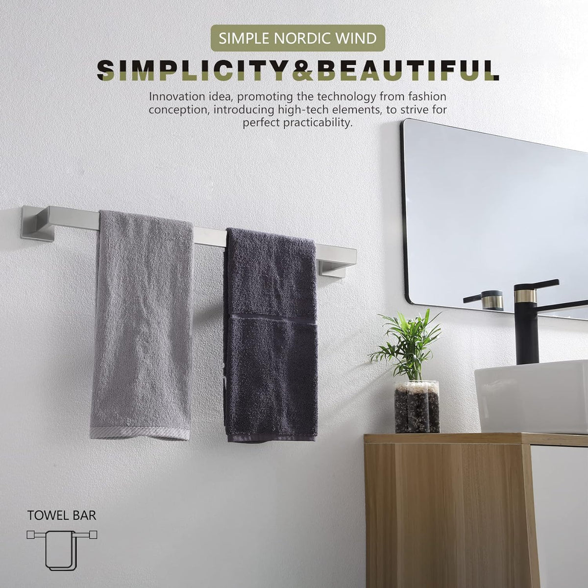 KOKOSIRI 24-Inch Single Towel Bar, Bathroom Kitchen Towel Holder, Wall Mounted Stainless Steel Towel Rack 2 Pack, Brushed Nickel, B4003BR-L24-P2