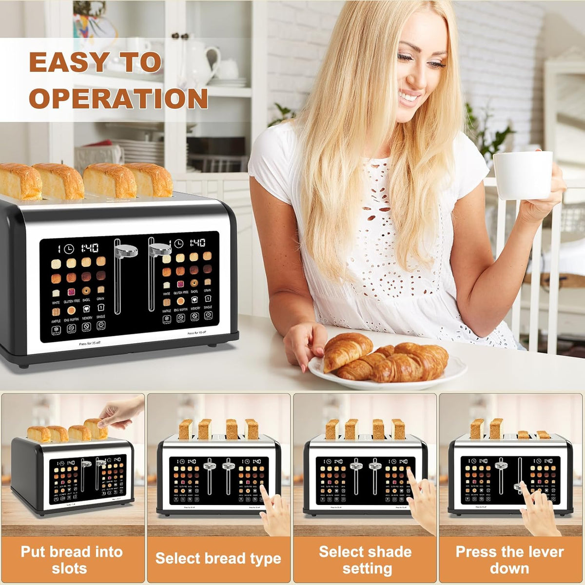 4 Slice Toaster Touch Screen, Stainless Steel Toasters Digital Timer, Dual Control Panel Toasters, 8 Shade Settings 6 Bread Types for Bagel, Cancel, Defrost 1650W Black